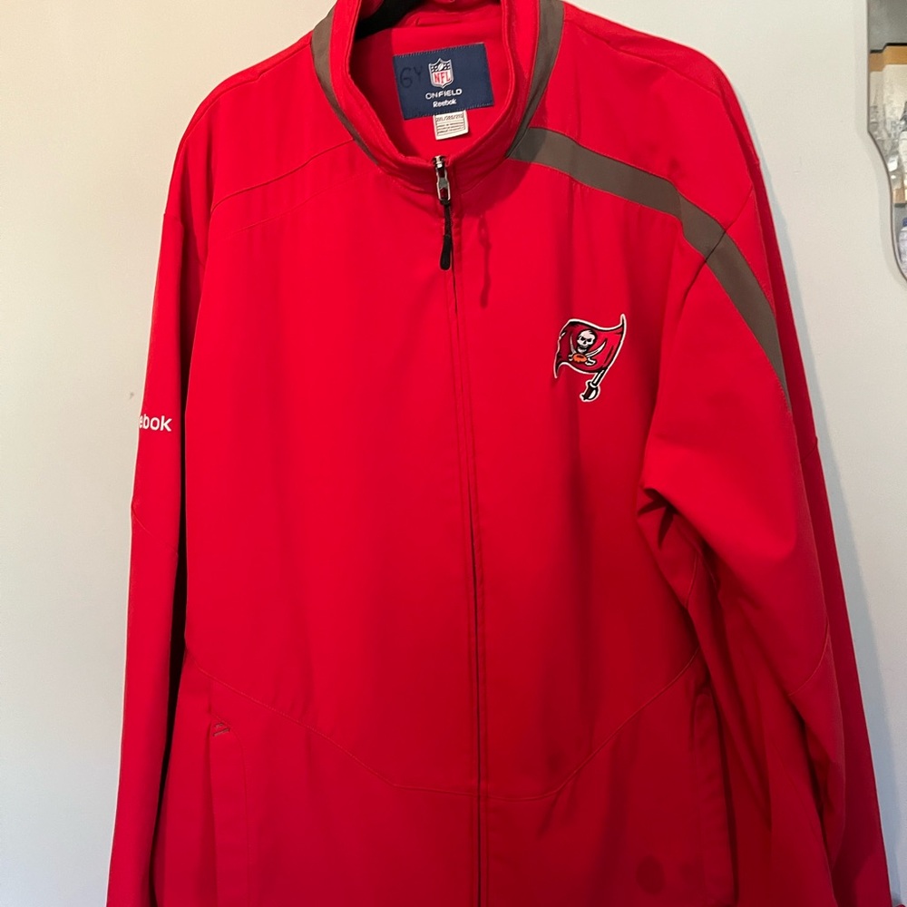 Reebok Onfield NFL jacket. Tampa Bay. XXL. Red w/multiple logos. Good condition